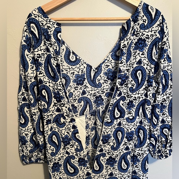 Boden Blue & White Blouson Sleeve Paisley Patterned Midi Dress Zip Back Size 10P - Picture 17 of 17